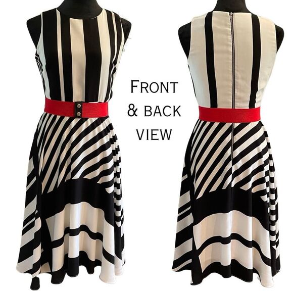 Danny & Nicole Black and White Asymmetrical Midi Dress w/ Red Snap Stretch Belt - Picture 2 of 14